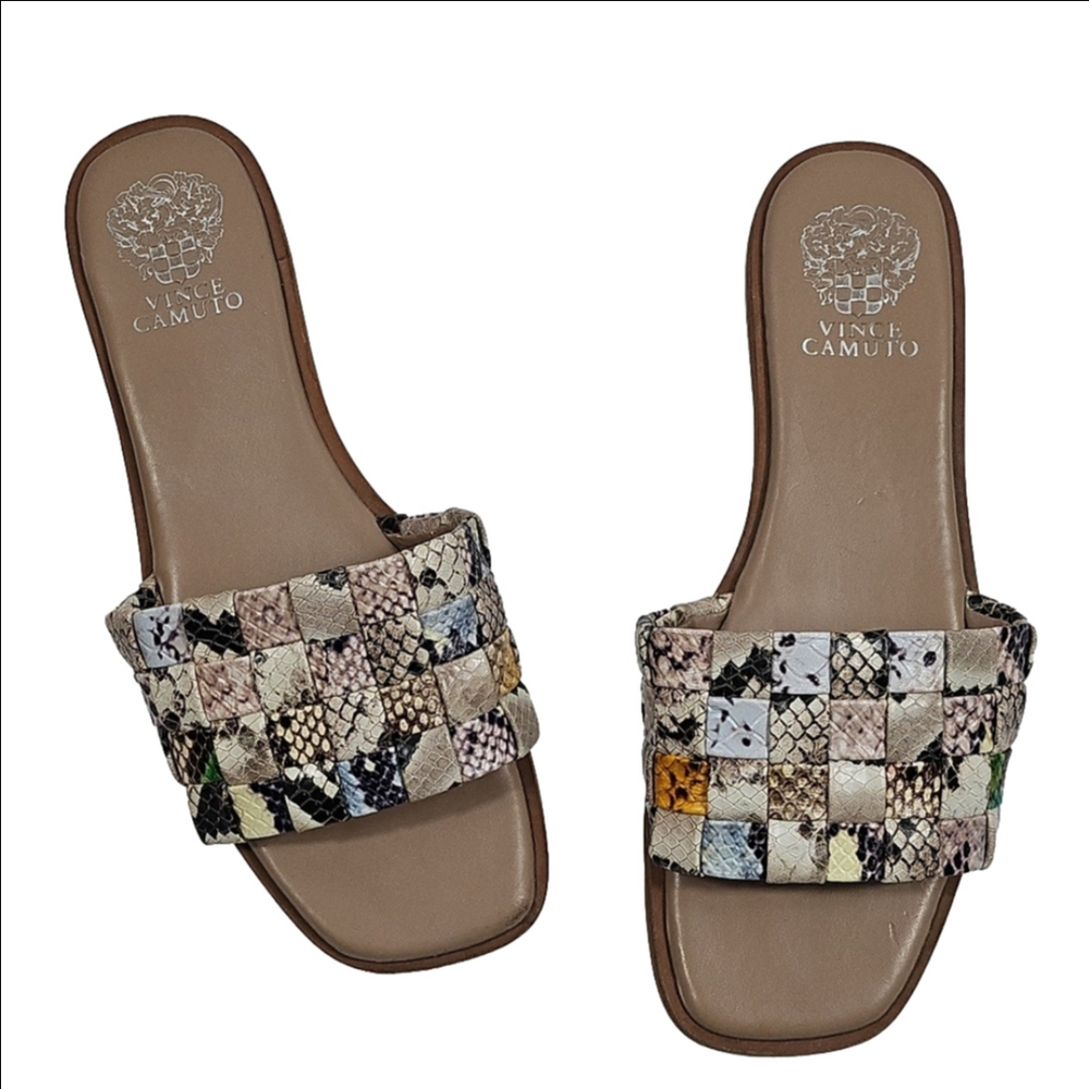 Vince Camuto Nanchia Leather Snake Multi-Color Woven Slip On Flat Slide Sandal - Picture 2 of 14